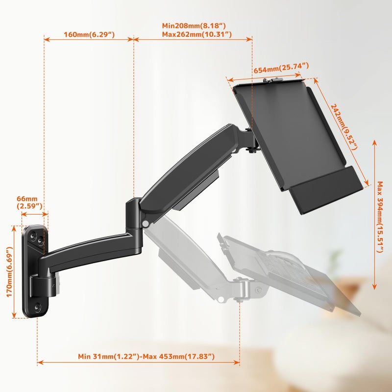 PUTORSEN حامل لوحة المفاتيح على الحائط، حامل لوحة مفاتيح وماوس مقاس 26 بوصة، منصة كتابة قابلة لتعديل الارتفاع، دوران 360 درجة، يحمل ما يصل إلى 19.8 رطل، أسود - Image 5